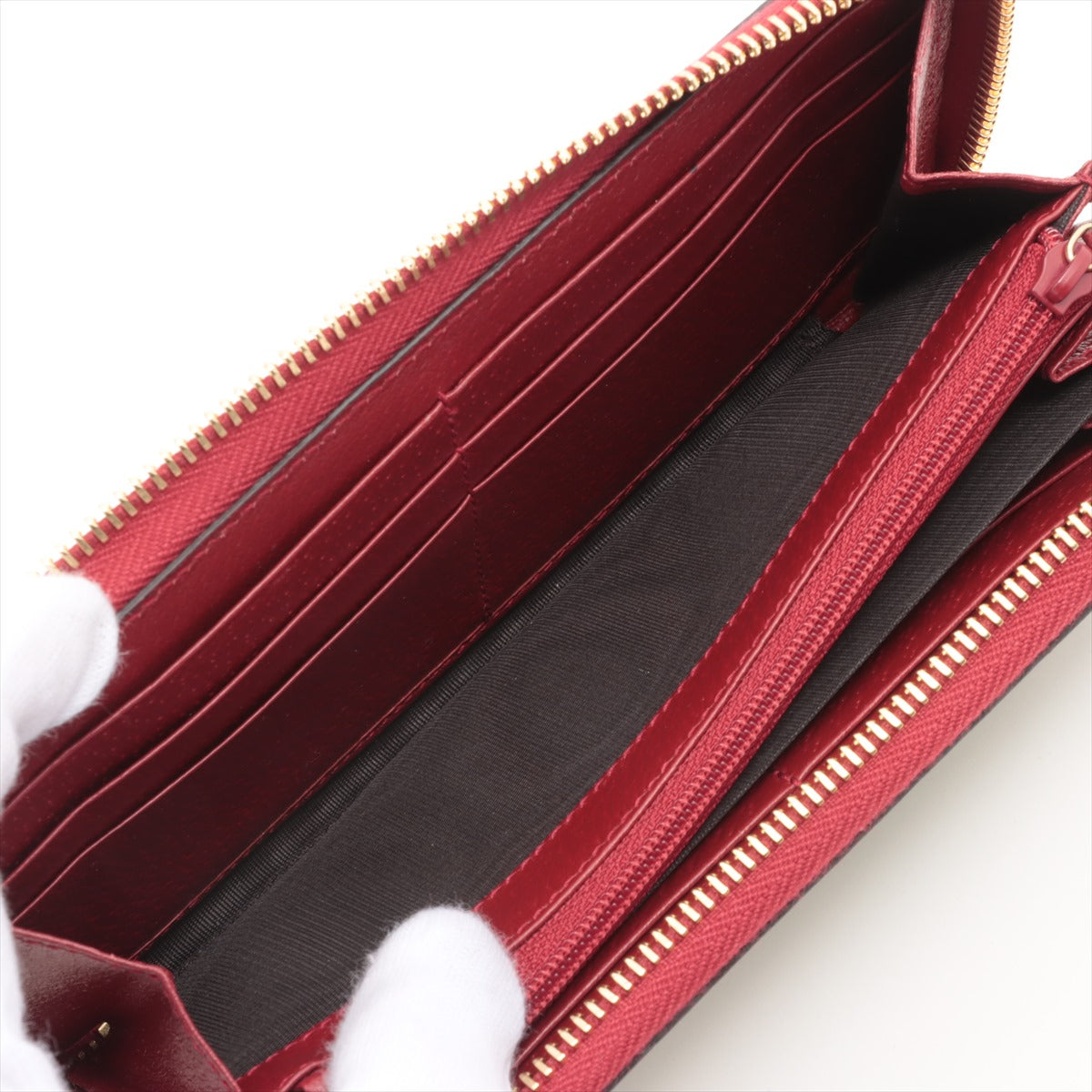 Gucci GG Supreme 424893 Leather Round-Zip-Wallet Beige x red