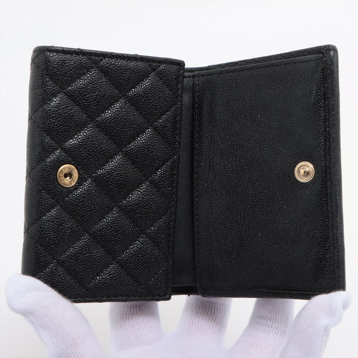 Chanel Boy Chanel Caviarskin Compact Wallet Black Gold Metal fittings 30