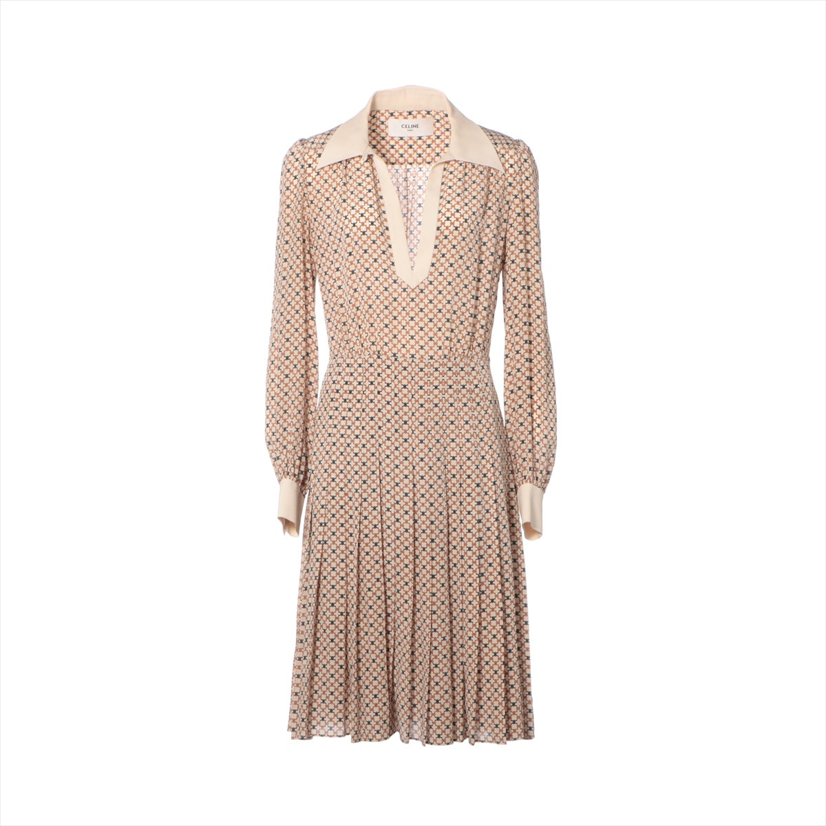 CELINE Eddie period Silk Dress 36 Ladies' Beige  Triomphe full pattern tunic pleats 2R939763L