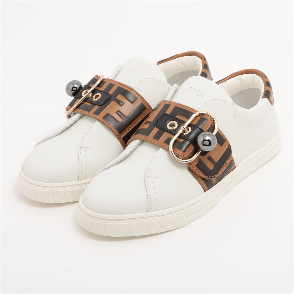 Fendi ZUCCa Leather Sneakers 35 Ladies' White x brown 8E6734