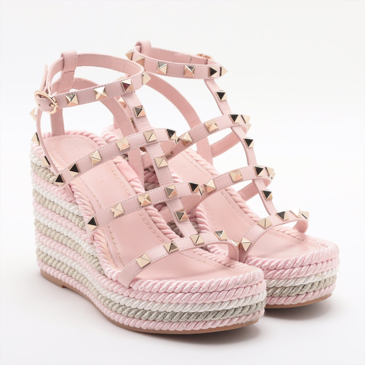 Valentino Garavani Leather Wedge Sole Sandals 34 Ladies' Pink Rock Studs