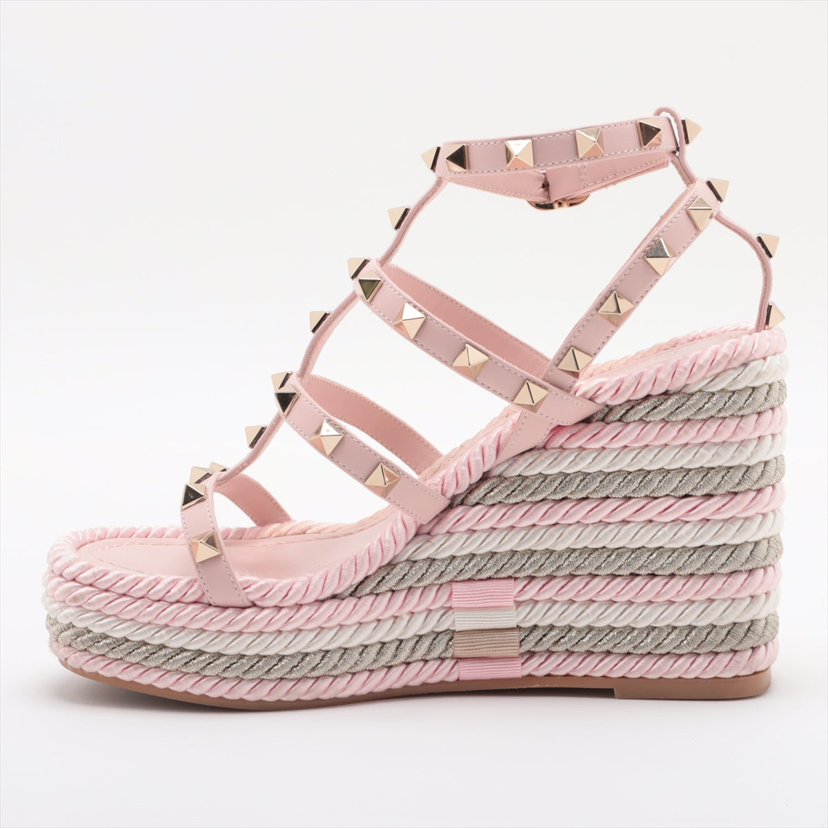 Valentino Garavani Leather Wedge Sole Sandals 34 Ladies' Pink Rock Studs