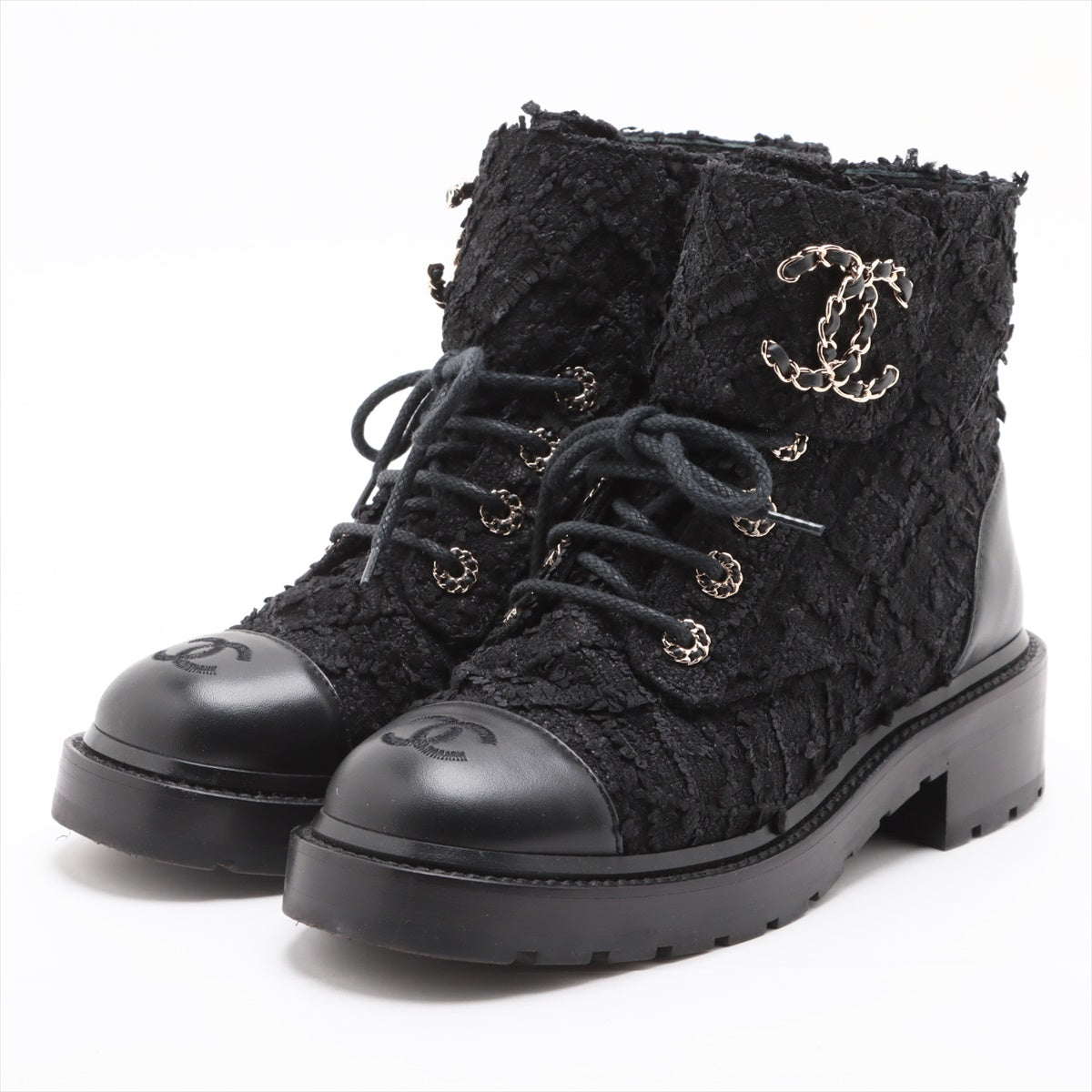 Chanel Coco Mark 22C Tweed x Leather Short Boots 37 1/2 Ladies' Black G36424 Chain