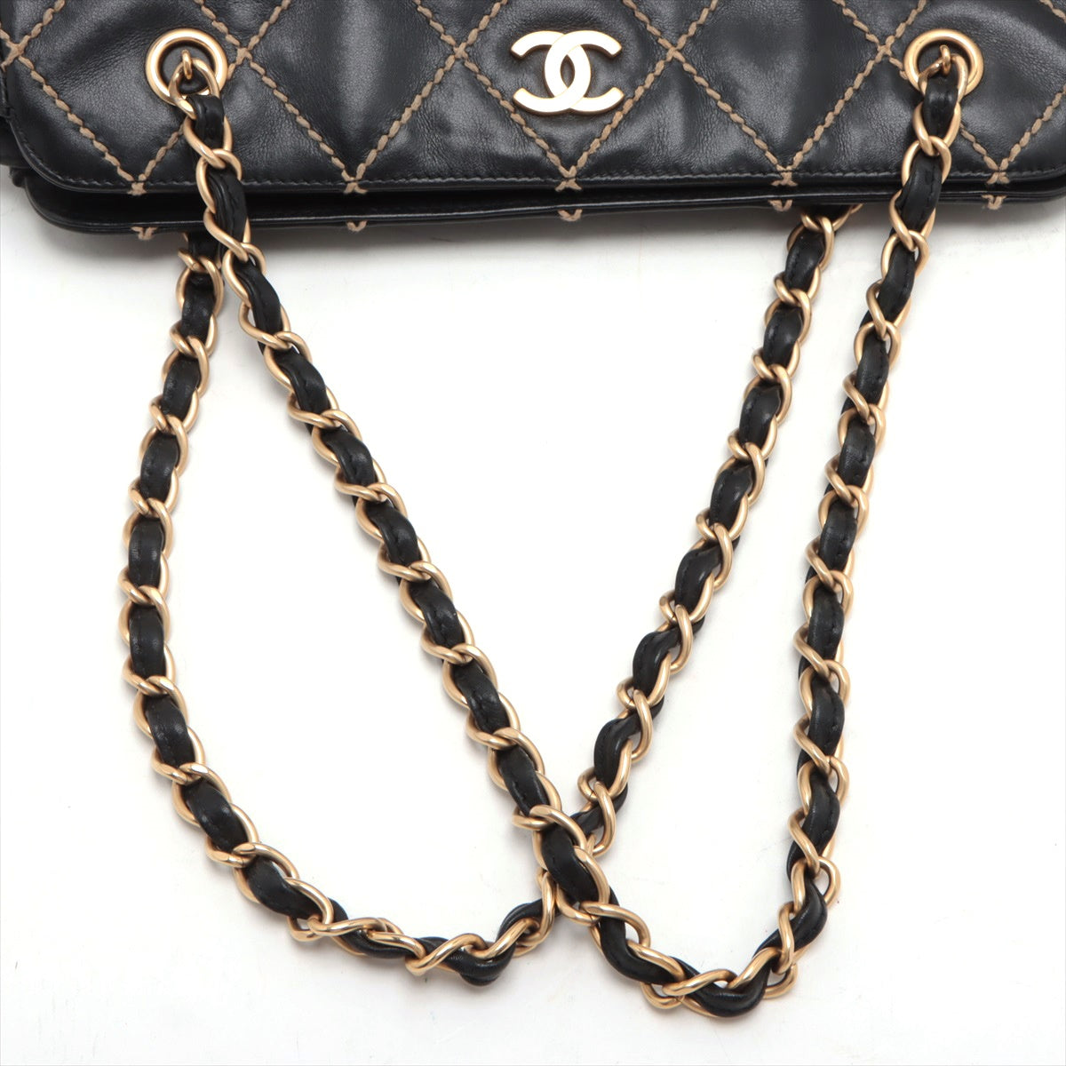 Chanel Wild Stitch Leather Chain tote bag Black Gold Metal fittings 8XXXXXX Snap loosening