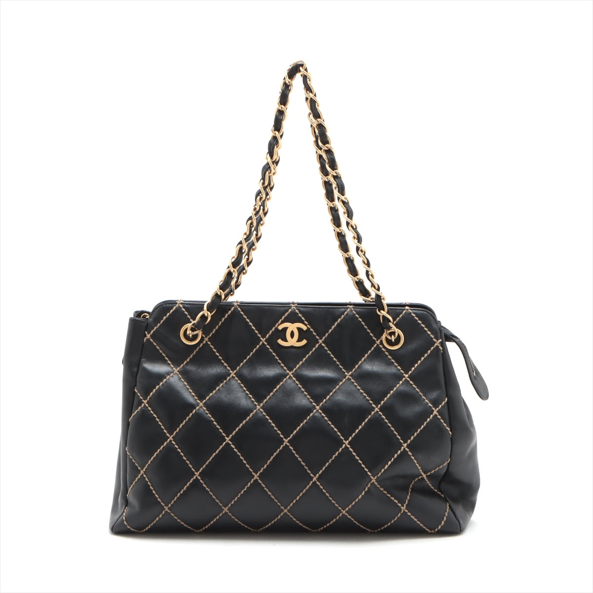 Chanel Wild Stitch Leather Chain tote bag Black Gold Metal fittings 8XXXXXX Snap loosening