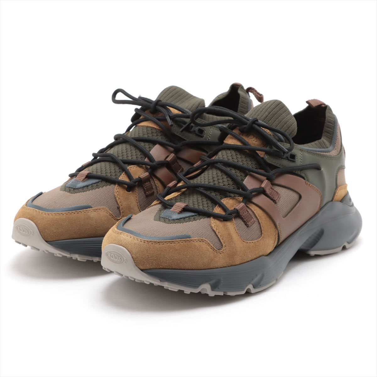 Tod's Knit × Leather Sneakers 8 Men's green x brown Socks sneakers