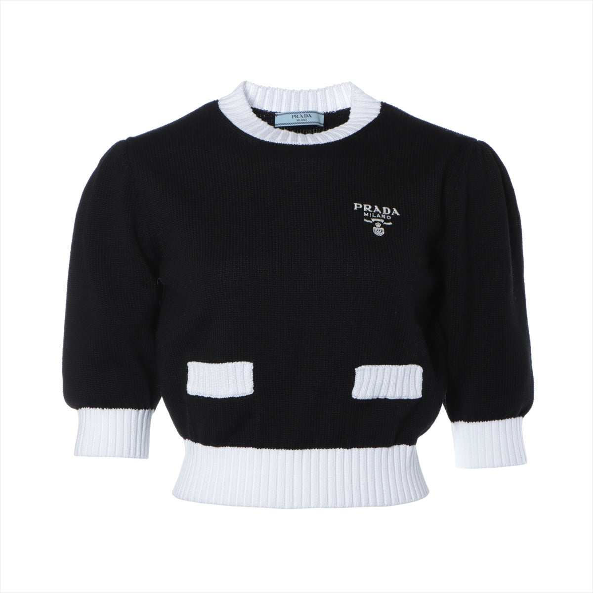 Prada 23 years Cotton Short Sleeve Knitwear 36 Ladies' Black × White  P24I1R