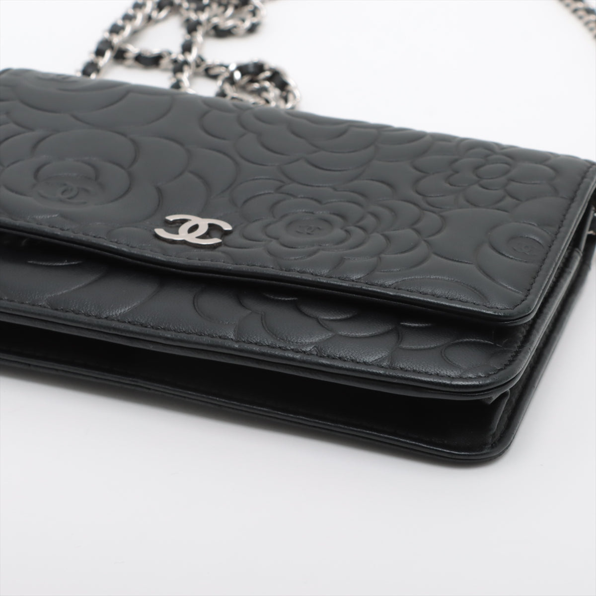 Chanel Camelia Lambskin Chain wallet Black Silver Metal fittings 16XXXXXX