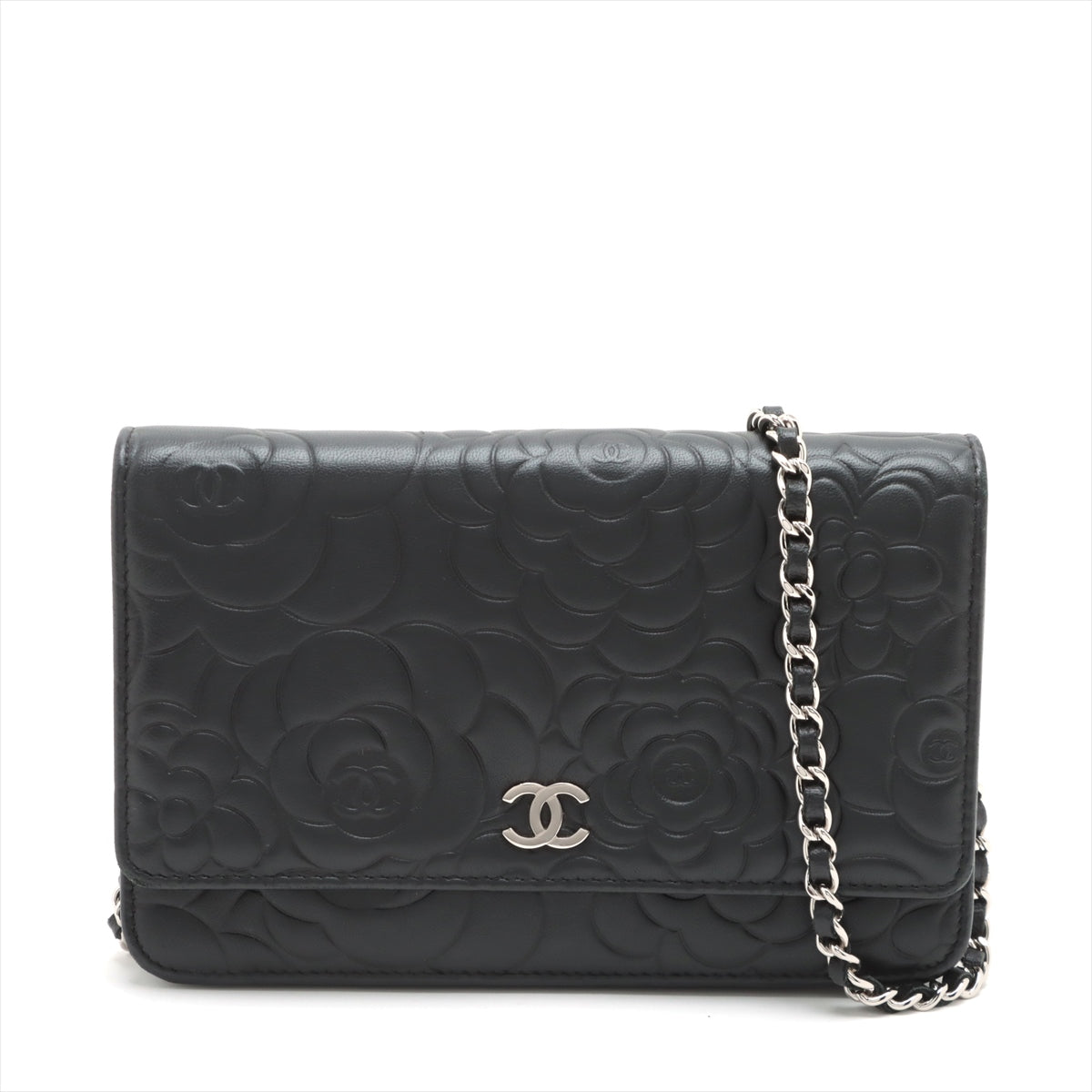 Chanel Camelia Lambskin Chain wallet Black Silver Metal fittings 16XXXXXX