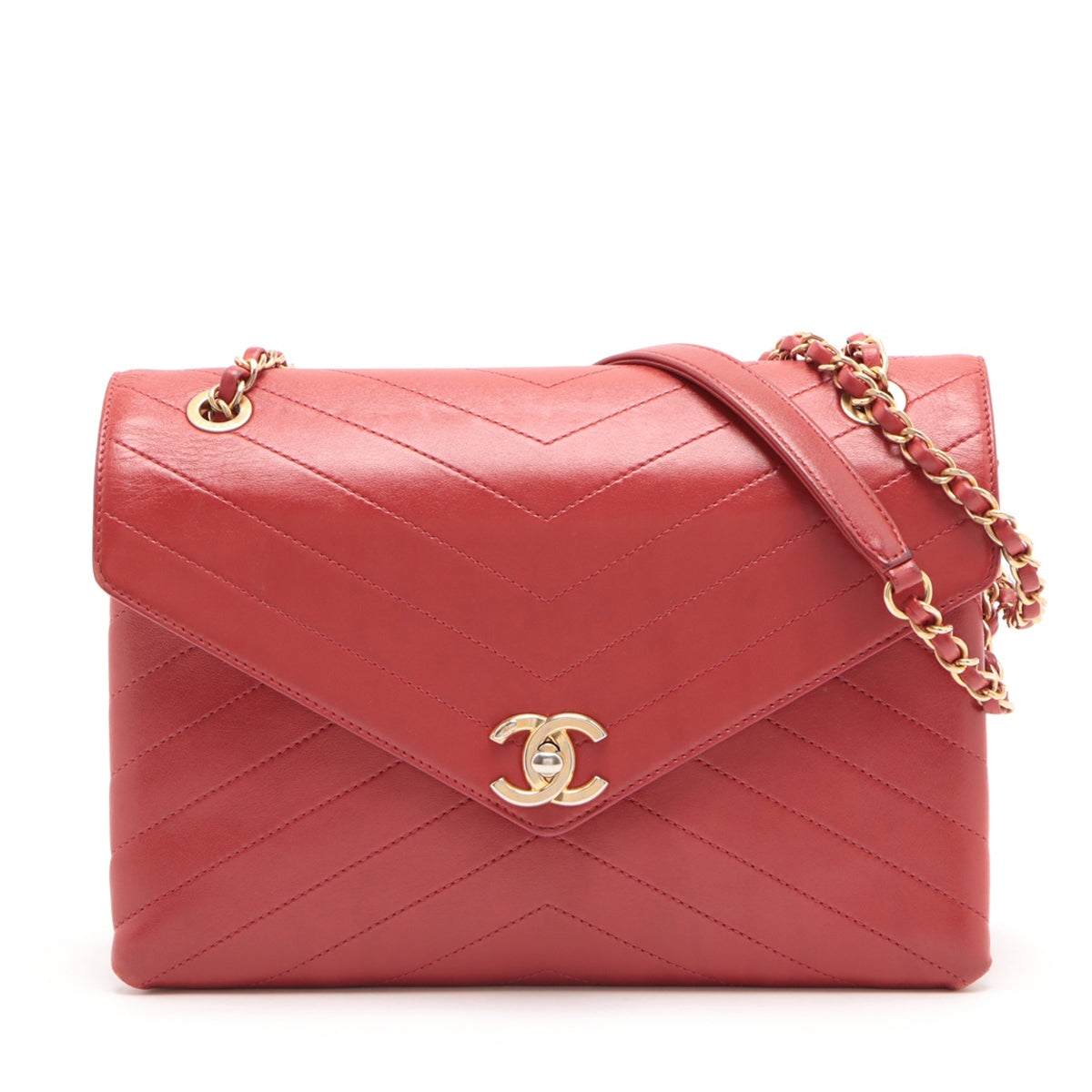 Chanel Chevron Leather Single flap Double chain bag Red Gold Metal fittings 26086085