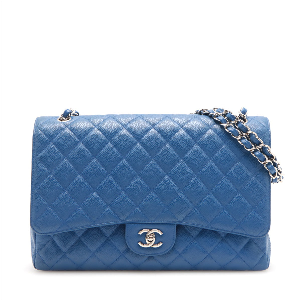 Chanel Big Matelasse Caviarskin Single flap Double chain bag Blue Silver Metal fittings 13XXXXXX