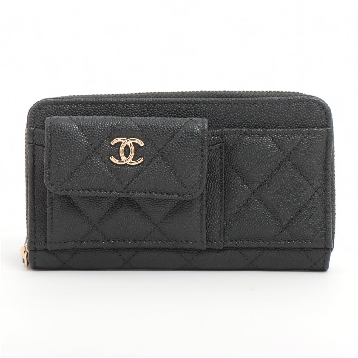Chanel Matelasse Caviarskin Compact Wallet Black Gold Metal fittings 29th