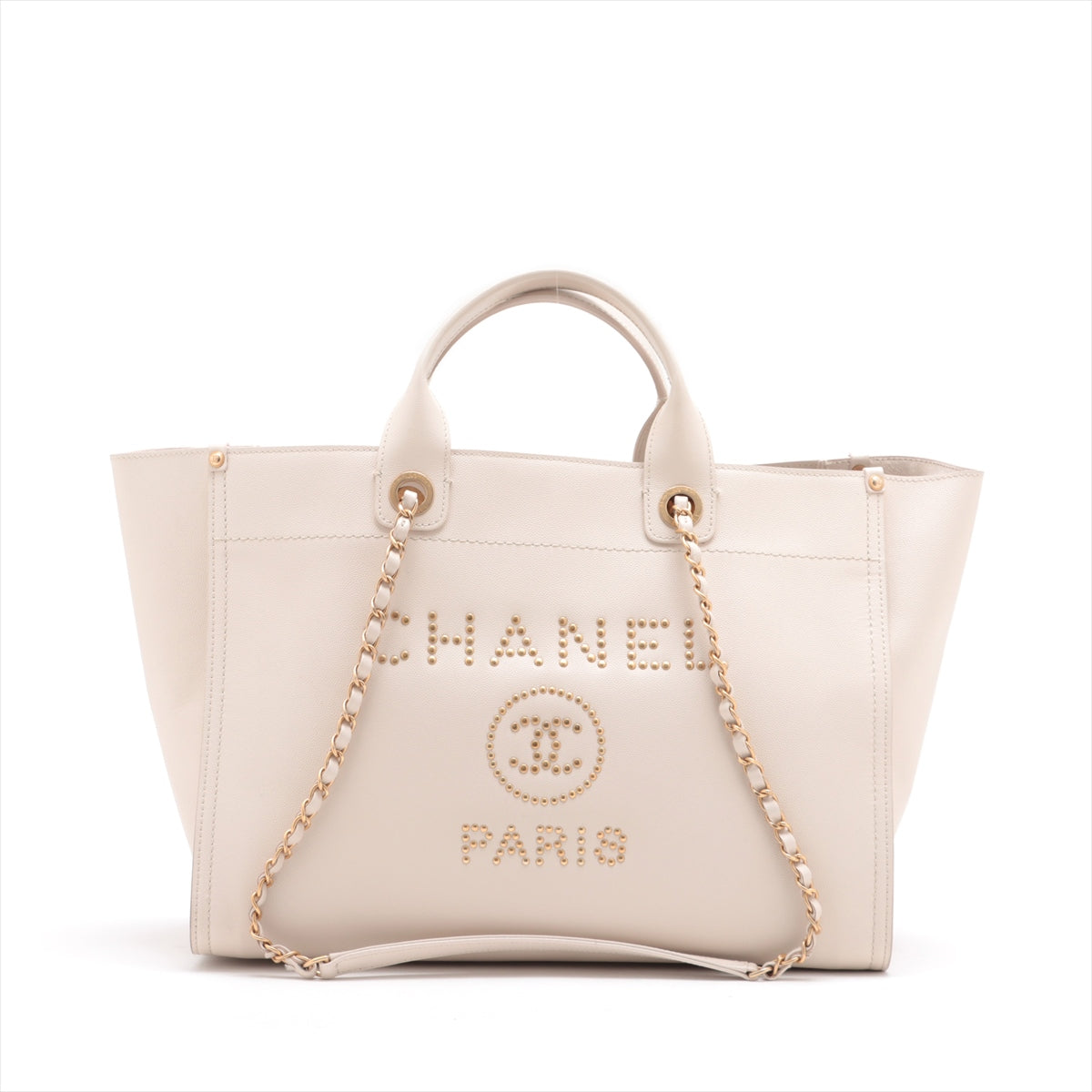 Chanel Deauville GM Caviarskin Chain tote bag Beige Gold Metal fitting ...