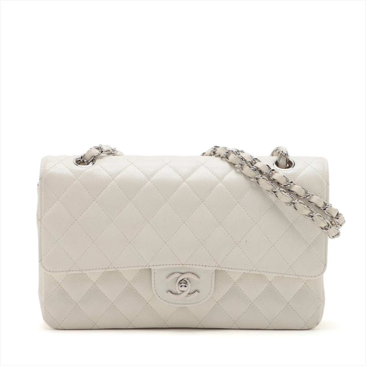 [Individual packaging] Chanel Matelasse Caviarskin Double flap Double chain bag White Silver Metal fittings 10046035