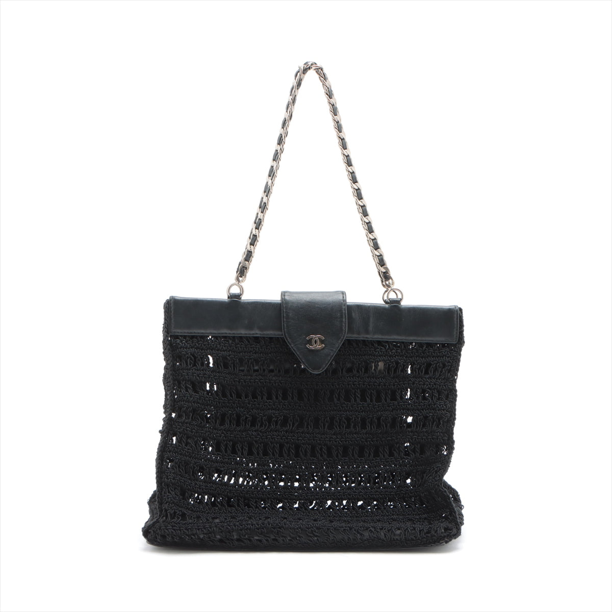 Chanel Coco Mark Nylon & leather Chain handbag crochet Black Silver Metal fittings 5XXXXXX