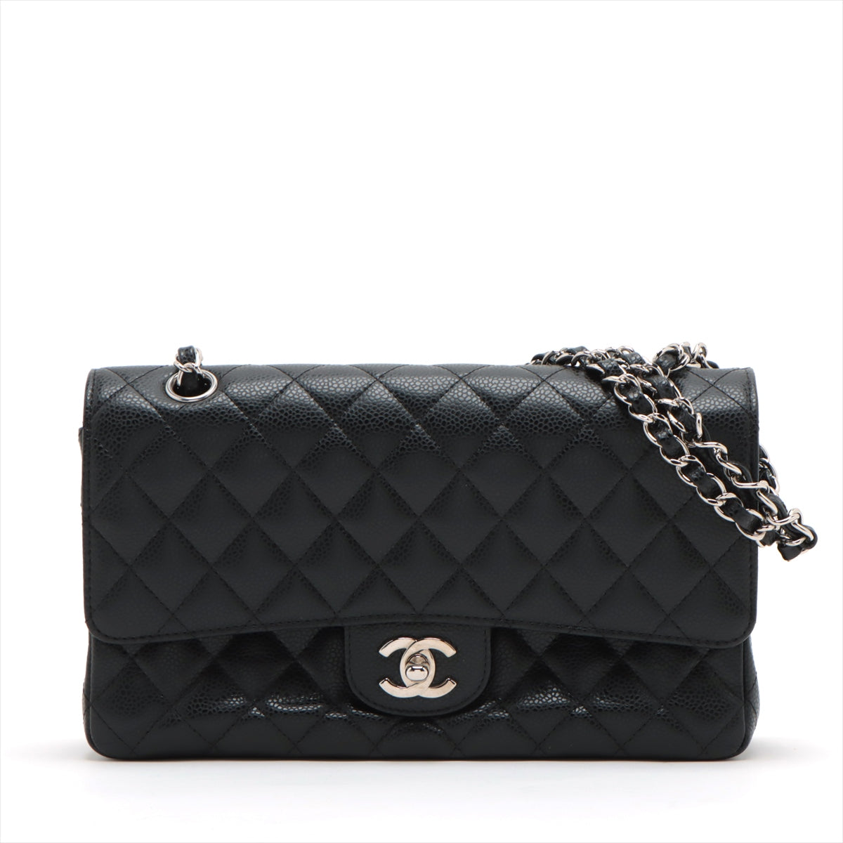 Chanel Matelasse25 Caviarskin Double flap Double chain bag Black Silver Metal fittings 13XXXXXX A01112