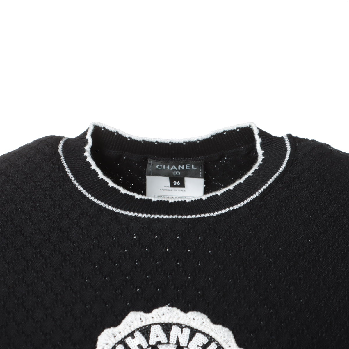 Chanel Coco Mark 23C Cotton & polyurethane Short Sleeve Knitwear 36 Ladies' Black × White  P74144K10654
