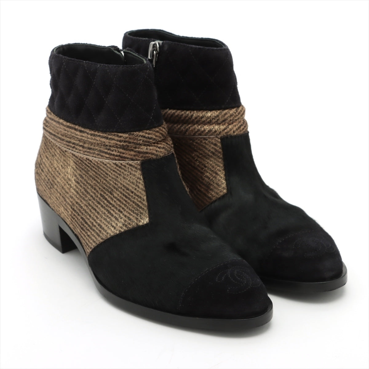 Chanel Coco Mark Suede Short Boots 35C Ladies' Black × Brown G31040 There is a thread on the harako part