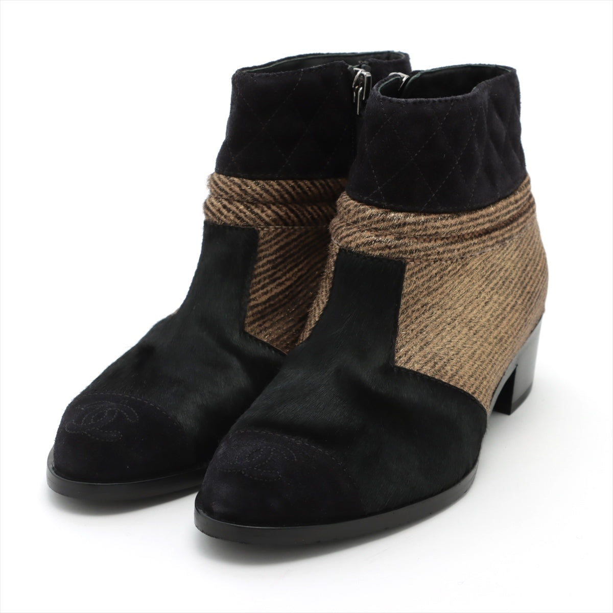 Chanel Coco Mark Suede Short Boots 35C Ladies' Black × Brown G31040 There is a thread on the harako part